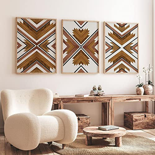 Yangld Aztec Boho Kunstdrucke aus Holz, minimalistische Wandbilder, Zimmer, natürliche Farben, Poster, geometrische Galerie, Heimdekoration, 15,7 Zoll x 23,6 Zoll (40 x 60 cm) x 3, kein Rahmen