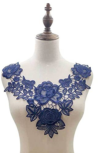Wambere 1 pezzo di bordo in pizzo ricamato con motivo a crochet, blu navy, 32 cm x 32 cm, toppa applicata con fiori floreali, per cucito