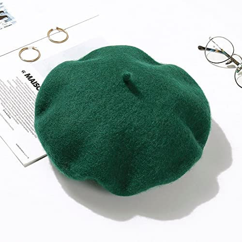 tcax Baskenmütze Damen Baskenmütze Frauen Winter Dicker Hut Mädchen Einfarbig Herbst Baskenmützen Hüte Für Frauen Flache Mütze Hut Filz Baskenmützen,Grün, 53-57Cm