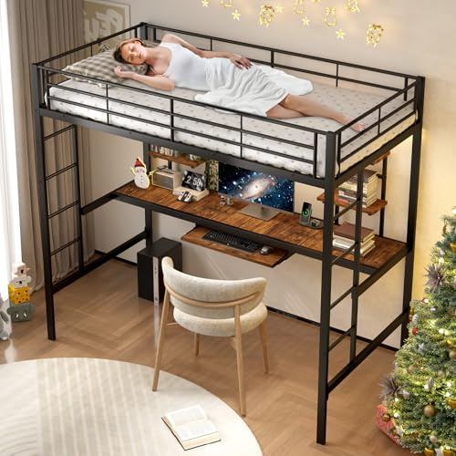 Stilvolles und bequemes Hochbett, Bettgestell Metallbett, Eisenbett, Hochbett mit Schreibtisch und Zwei Bücherregalen, geeignet für Jugendliche und Erwachsene, 90x200 cm, Schwarz