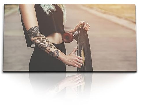 Paul Sinus Kunstdruck Bilder 120x60cm Junge Frau mit Skateboard Tattoos Longboard Skaten