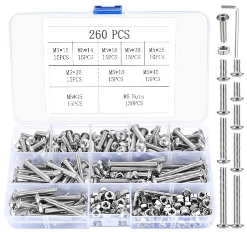 M5 Bolts and Nuts Set, 260 Pcs Hex Socket Head Cap Screws Nuts and Bolts Assorted Set, Round Head Pan Head Machine Screws Assortment Kit, Thread Fastener Hex Bolts and Nuts