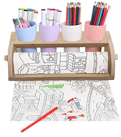 Jingan Wooden Tabletop Paper Roll Dispenser | Art Paper Roll Holder Stand With Pencil Holder Cups | High Capacity Vintage Table Decor | Portable Art Painting Easel For Kids