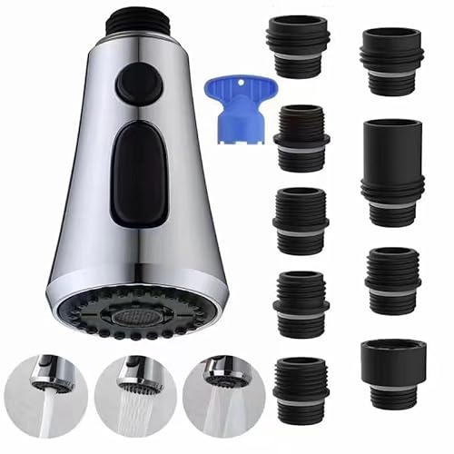 Heable Kitchen Faucet Head Replacement, Pull Down Kitchen Spray Head with 9 Adapters, 3-Function Kitchen Sink Spray Nozzle Compatible with Most Faucets(G1/2),Chrome