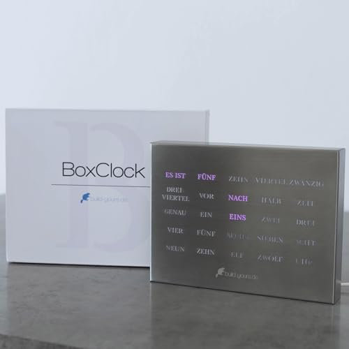build-yours BoxClock Edelstahl - Die Wortuhr für den Schreibtisch –LED Tischuhr – Elegante Büro-Uhr aus gebürstetem Edelstahl