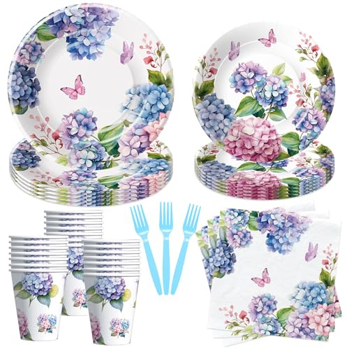 HIPVVILD Hydrangea Floral Plates and Napkins Party Supplies - Paper Plate, Cup, Napkin, Fork - Flower Hydrangea Birthday, Bridal, Baby Shower, Wedding Decorations | Serve 24