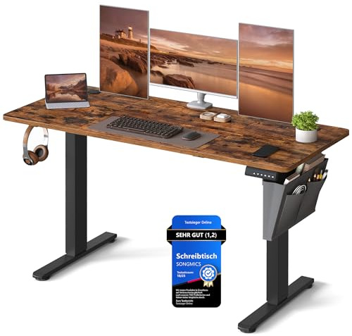 SONGMICS Höhenverstellbarer Schreibtisch elektrisch, 140 x 60 cm, stufenlos verstellbar, Memory-Funktion mit 4 Höhen, vintagebraun LSD134K01