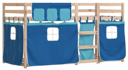 vidaXL Etagenbett, Kinderbett mit Vorhängen Leiter, Hochbett Spielbett für Kinder ab 6 Jahren, Doppel Stockbett Bett, Blau 90x200cm Massivholz Kiefer