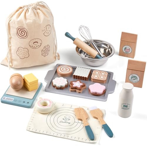 Wooden Play Food Sets for Kids Toddlers Toys Food Pretend Play Kitchen Accessories with Shopping Bag Cutting Food Toys Gift for Boys and Girls 3 4 5 6