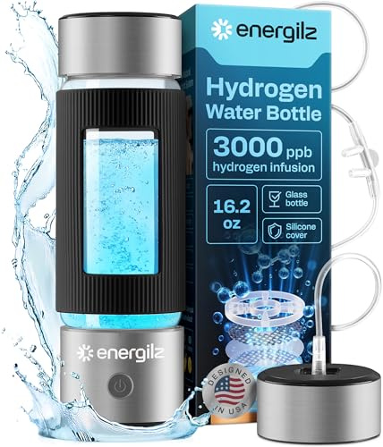 ENERGILZ Botella de agua de hidrógeno | Generador de botella de agua de hidrógeno grande de 480 ml, 3000 ppb, máquina de hidrogenación, generador ionizador hidrogenado SPE/PEM (acero con negro)