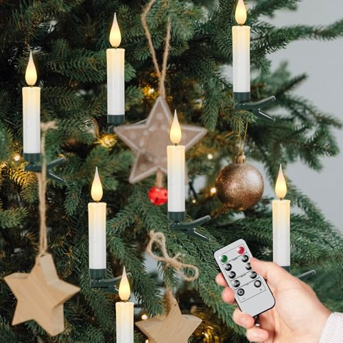 Eldnacele 10 stk LED Lichterkette Kerzen mit Fernbedienung, Timer und Dimmer, Kabellos Kerzenlichter mit Clip, Flammenlose Weihnachtskerzen für Tannenbaum Weihnachtsbaum, Hochzeit, Geburtstags, Party