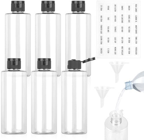 250ML Flacon avec Flip Cap Vide Set, 6 Pièces Bouteilles de Voyage en Plastique, Flacons Vides avec Bouchon Rabattable, Entonnoir et étiquettes, Flacons en Plastique pour Cosmétiques (Transparent)