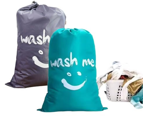 Bangbobi - 2er Set Wäschesack Reise - Großer Wäschesack mit Kordelzug - Faltbarer Wäschesack für Schmutzwäsche - Laundry Bag für Camping - 61x91 cm (Grau, Blau)
