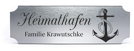 Dekolando Schild Heimathafen personalisiert mit Anker Motiv - Name Familienname Türschild selbstklebend silber graviert 15 x 5 cm
