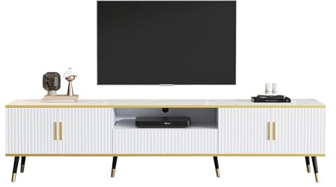 TV Schrank 200cm, TV Lowboard in Marmoroptik, Fernsehtisch mit Türen und Schubladen, Fernsehschrank Gestreiftes Panel, Goldene Dekoration, Passend für Fernseher Bis 90 Zoll, Moderner Weißer TV Schrank