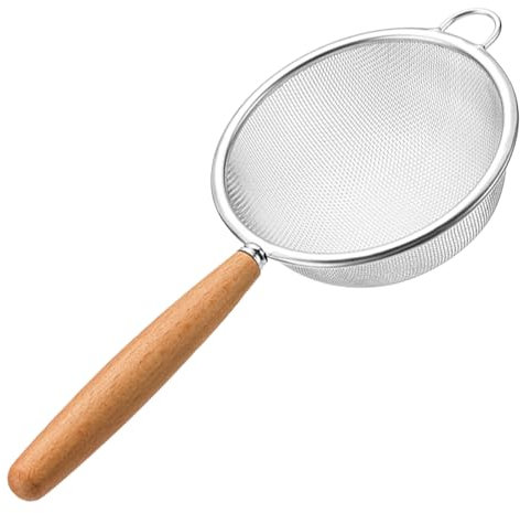 Dewocke 10cm Stainless Steel Sifter, Kitchen Sieve with Wood Handle, Fine Mesh Strainer, Ideal for Straining, Draining and Sifting Flour, Rust Free, Thickened Polished Rim, Single Ear Hanging Hook