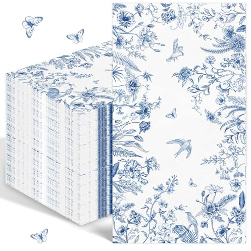 50 Stück Servietten Blaue Blumen, Blaue Floral Servietten Dekoration, Vintage-Blume, Einweg-Servietten, blaue und weiße servietten, Perfekt für Geburtstage, Partys, Hochzeiten, Kommunion und Feiern