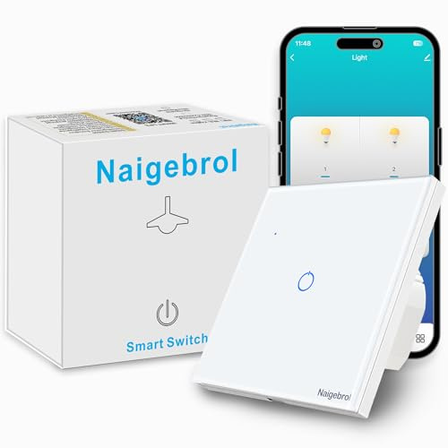 Naigebrol Smart Light Switch，Neutral wire required，Multi-Way Control，Works with Alexa，Google Assistant，With Safety Door，86 * 86mm UK/EU Standards，Glass surface, LED Backlight 1Gang White
