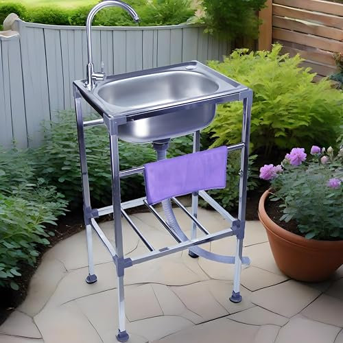 Freistehende Edelstahl Spülbecken,1 Becken Gewerbliche Spültisch,Mobiler Camping Ausgussbecken mit heißem und kaltem Wasserhahn,Einzelbecken Waschbecken für Außen/Innen