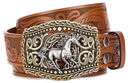 LALATCH Western Cowboy Belts Western Belts for Women Men Cowgirl Cowboy Belt Buckles Leather Cowboy Belt for Men Rodeo Outfit, Gold Horse/Brown Belt