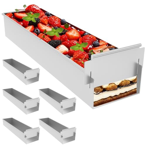 6 Stück Backrahmen Rechteckig Verstellbar,Antihaftbeschichtet,Tiramisu Form Kuchenform,für Kuchen Torten Pizza Backen Party Dekorieren(silbrig)
