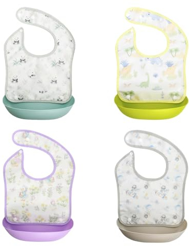 Rieoany 4 Stück Lätzchen Baby Abnehmbar, Wasserdicht Bib, Lässig Lätzchen mit Tiefer Auffangtasche, Weiches Schmutzabweisendes Babylätzchen für Babys ab 6 Monaten, Verstellbar, Mehrfarbig