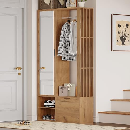 100 x 33 x 190 cm armadi con corridoio, ingresso 6 in 1, per appendere cappotti, mobili con stendibiancheria, armadio e specchio, larghezza 100 cm, armadio con porta inferiore, colore legno