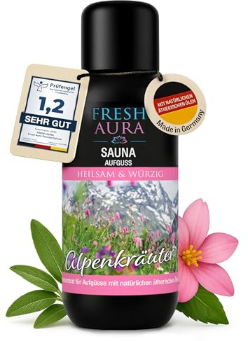 FRESH AURA® Saunaaufguss Alpenkräuter – 25 Sorten in 100 ml & 250 ml – Ergiebiges Sauna Aufgussmittel mit natürlichen ätherischen Ölen – Langanhaltender Saunaduft | Made in Germany (100ml)