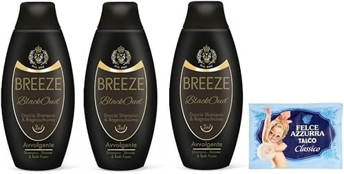 3x BREEZE BlackOud Doccia Shampoo e Bagnoschiuma,deterge efficacemente corpo e capelli 400ml + 1 Busta di Talco Felce Azzurra in omaggio da 100g