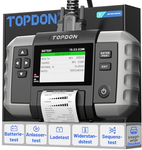 TOPDON Car Battery Tester BT600 Plus, 6V/12V/24V Battery Tests, 100-2000 CCA, 12V/24V Cranking/Charging/System Test, Auto Alternator Tester with Built-in Battery and Printer, 2 Clamps Paired