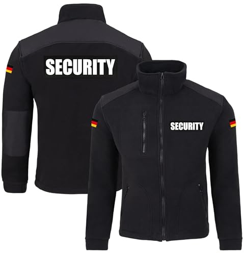 Sicherheitsdienst Fleecejacke Herren – Funktionale Arbeitsjacke aus warmem Polar-Fleece mit Aufdruck vorne & hinten, ideal als HI VIZ Security Fleece Jacke, Wachschutz, wahlweise mit Deutschlandflagge