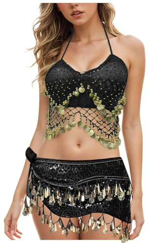 Glitzer Oberteile Damen Bauchtanz Kostüm Münzen Pailletten Oberteil mit Glitzer Rock Sexy Rückenfrei Neckholder Top BH Karneval Party Festival Outfit Latin Indian Belly Bauchtanz Tanzbekleidung