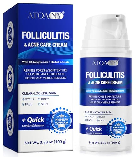 Crema para Foliculitis y Acné con Ácido Salicílico 1% y Extractos Herbales, Cuero Cabelludo, Rostro, Cuerpo y Glúteos, Pelo Encarnado, Granitos, Reparación, Refino de Poros y Control de Grasa, 100g