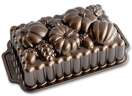 Nordic Ware Harvest Bounty Loaf Cake Tin, Cast Aluminium Baking Tin with Pumpkin Pattern, Loaf Tin Colour: Bronze