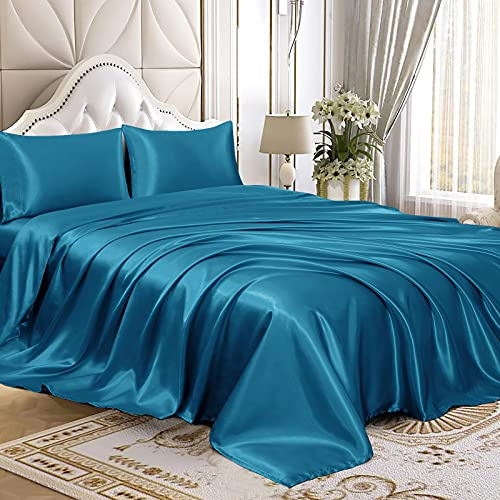 Homiest 4pcs Satin Sheets Set Luxury Silky Satin Bedding Set with Deep Pocket, 1 Fitted Sheet + 1 Flat Sheet + 2 Pillowcases (Queen Size, Lake Blue)