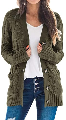 PRETTYGARDEN Women's Open Front Cardigan Sweaters Fall Fashion Button Down Cable Knit Chunky Winter Clothing Outerwear Coats (Army Green,Large)