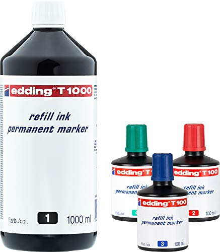 edding T100 Permanentmarker Nachfülltinte - Inhalt: 1000ml schwarz - je 100ml rot, blau und grün - Tusche für edding Permanent Marker (Maxi Set)