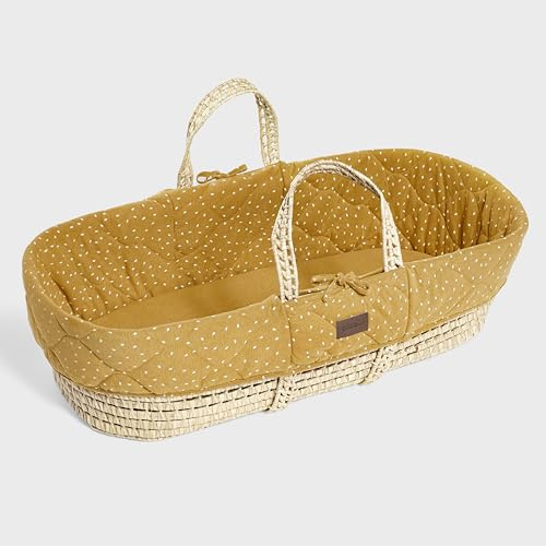 The Little Green Sheep Moseskorb Baby – Natürlich gesteppter Moses Korb Babybett mit Matratze, Baby Erstausstattung Neugeborene Kinderbett, Inklusive 28x74cm Natürlicher Matratze, Honigreis