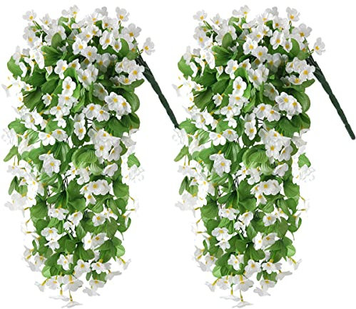 ZFProcess Artificial Fake Hanging Flowers Plants for Outdoor Spring Summer Decoration, 2PCS Faux Silk Violet UV Resistant Look Real Trailing Vines for Outside Home Planter Porch Patio(White)
