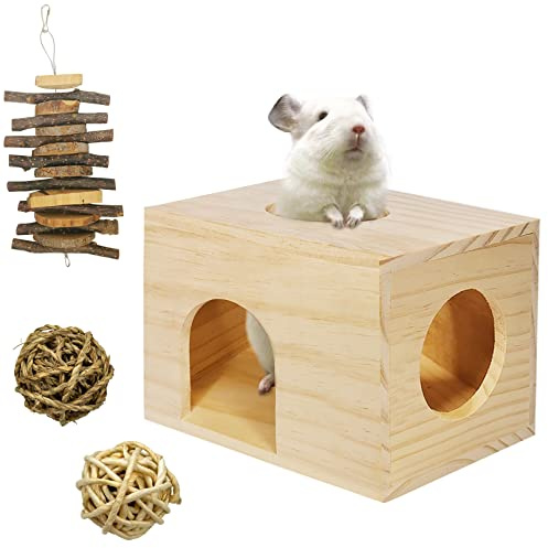 Fhiny Guinea Pigs Wood House Chinchilla Hut Hideout Natural Wood Multiple Doors Small Animal Chewing Molar Activity Toys Hamsters Habitat Cage for Hedgehog Squirrel Sugar Gliders