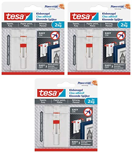 tesa Verstellbarer Klebenagel für Tapeten und Putz 2 kg - Höhenverstellbarer, selbstklebender Wandnagel - Bis zu 2 kg Halteleistung pro Nagel (3 Packungen)