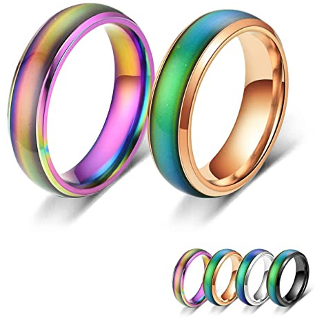 Bymivofun 2 Piezas Anillos de Estado de Ánimo, Anillo de Humor, para Novio, Novia, Fiesta Diaria, Cumpleaños, Día de San Valentín, Aniversario (Oro Rosa, Arco Iris, 52.5 (16.8))