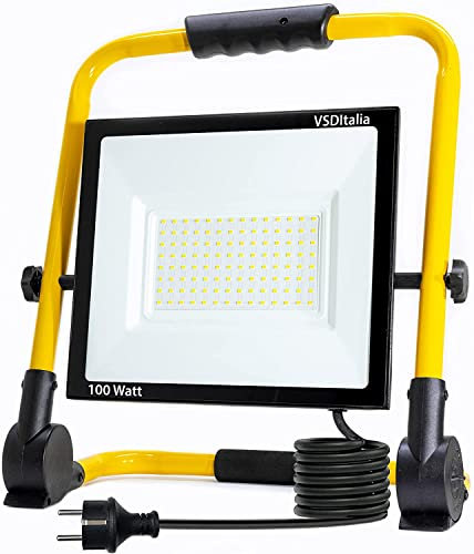 VSDITALIA - Faro Led Da Cantiere 100 Watt - 8000 Lumen, Luce Bianca Naturale 4000K - Portatile da Lavoro - Impermeabile e Resistente all'Acqua, Supporto Pieghevole, per Uso Interno ed Esterno.