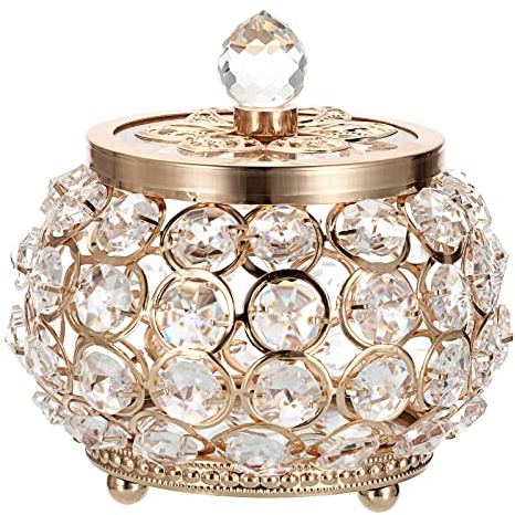 Hipiwe Gold Crystal Jewelry Box, Small Trinket Organizer, Mirrored Base, Crystal Handle, Intricate Metal Rings, Round Shape, Traditional/Vintage Style, 4.5 Inch Diameter & Height, Gift Box