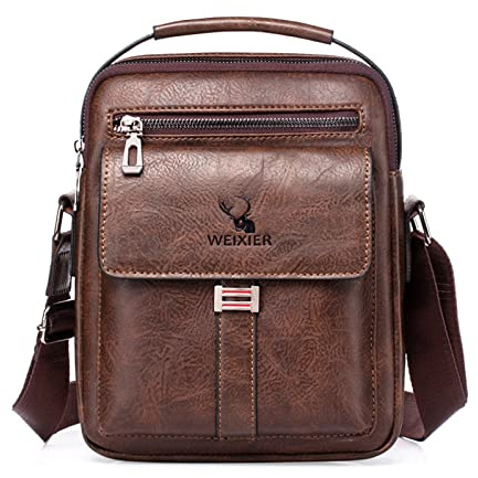 Vologle Mens Shoulder Bags Leather Crossbody Bag Fashion Messenger Bags for Man Travel Handbag Adjustable Shoulder Strap (Brown)