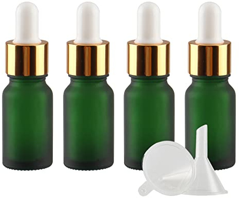 ZEOABSY 4 Stück 10 ml Gefrostet Grünglas Pipettenflasche mit Gold Pipettenring, Leere Glasflasche Glastropfer Glaspipette Tropfflaschen für Ätherische Öle Aromatherapie + 1x Trichter
