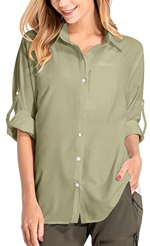 yeyity Blusa de manga larga para mujer, con protección UV, de secado rápido, para senderismo, safari, informal, con botones, para vacaciones en la playa, elegante blusa, Khaki 01, S
