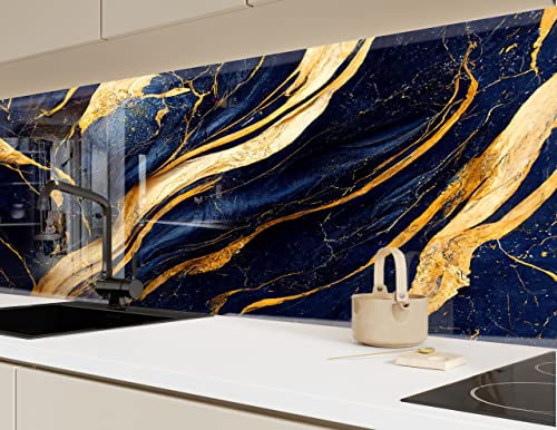Myphotostation Spritzschutz aus gehärtetem Glas, 50,8 x 50,8 cm, blauer goldener Marmor, abstrakter Backsplash für Herd, Wand, Spritzschutz für Badezimmer, Dunkelblau