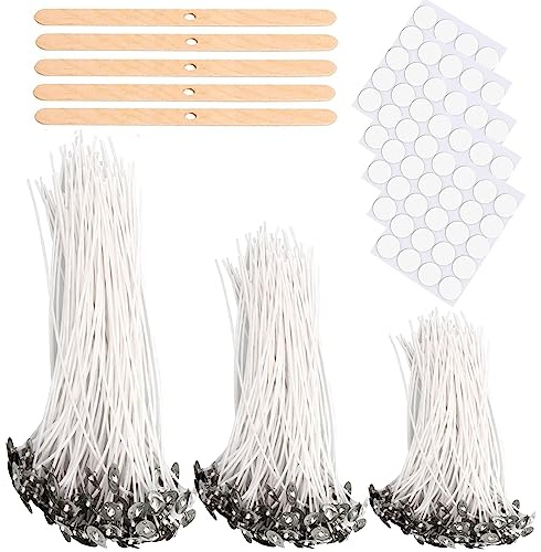 Kerzendocht, 150 Stück (3 Größe) kerzendochte für Kerzen Selber Machen, 5 Blätter Kerzendocht Aufkleber 5 Stück Dochthalter aus Holz Kerzendocht Set, 4/6/ 8 IN