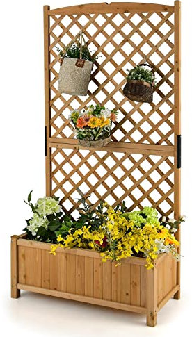 TANGZON Wooden Planter with Trellis, Freestanding Raised Garden Bed for Vine Climbing Plant Flower, Outdoor Elevated Trough Planter Support Box (without Hanging Roof, Dark Natural, 90 x 45 x 180cm)